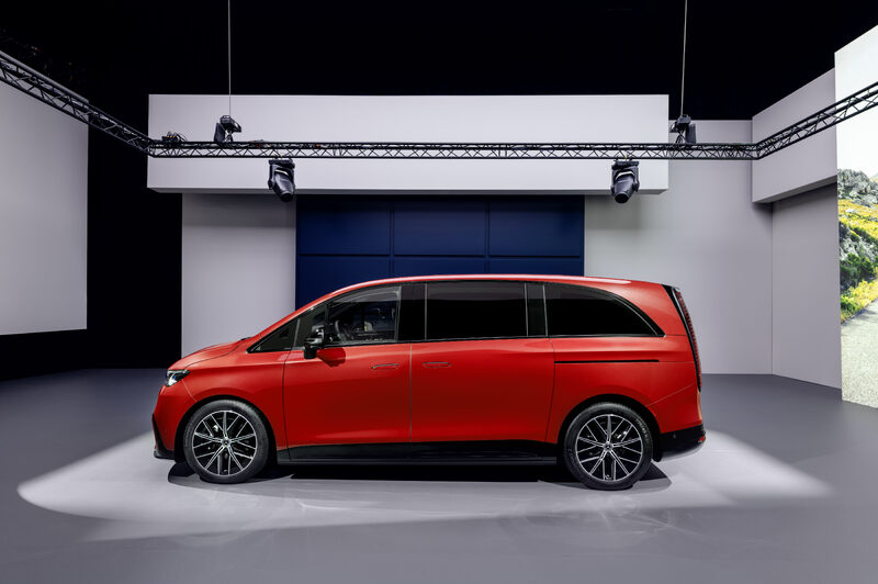 2027 Mercedes-Benz VLE MPV driver side profile in red with multi-spoke wheels
