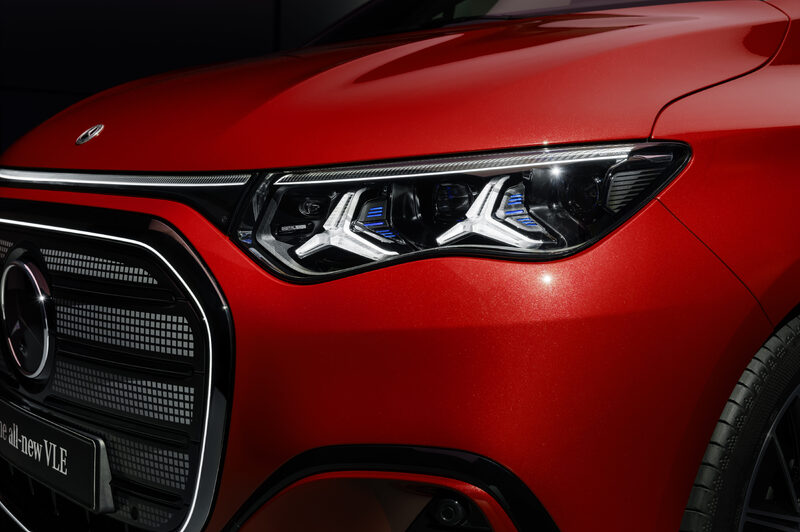 2027 Mercedes-Benz VLE MPV LED headlight detail close-up in red