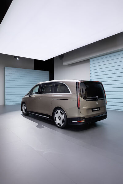 2027 Mercedes-Benz VLE MPV rear three-quarter view in bronze doors closed