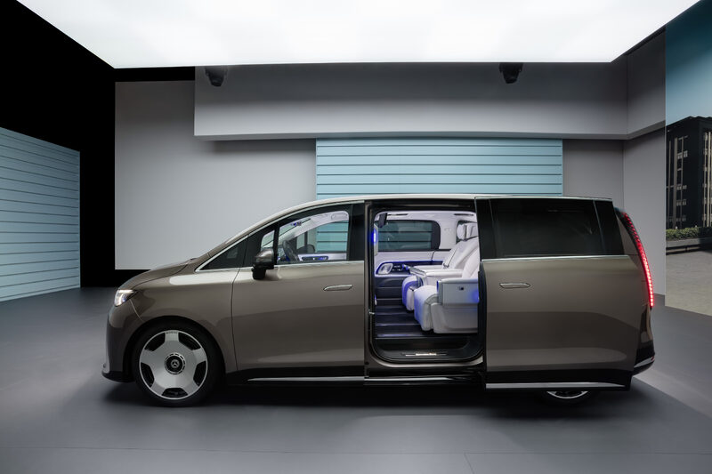 2027 Mercedes-Benz VLE MPV driver side profile with sliding door open showing white interior