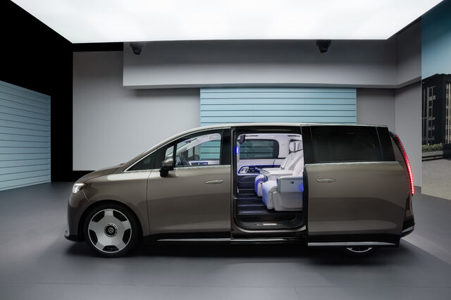 2027 Mercedes-Benz VLE MPV driver side profile with sliding door open showing white interior