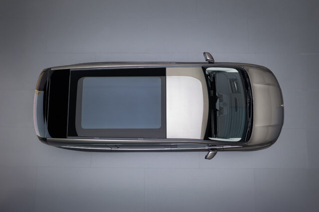2027 Mercedes-Benz VLE MPV overhead top-down view with panoramic glass roof