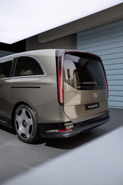 2027 Mercedes-Benz VLE MPV rear three-quarter view in bronze