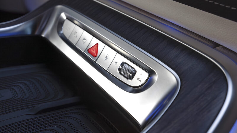 2027 Mercedes-Benz VLE MPV door panel open-pore wood trim and blue ambient lighting detail
