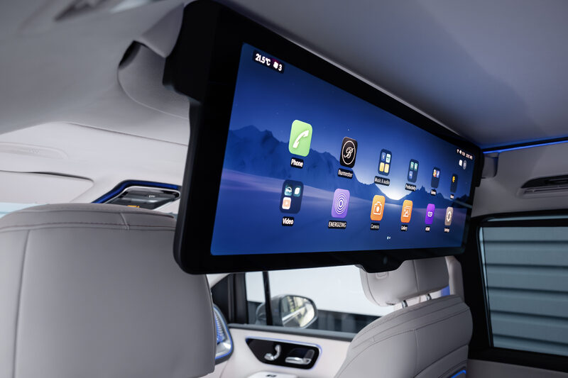 2027 Mercedes-Benz VLE MPV second-row view with widescreen entertainment and seatback displays
