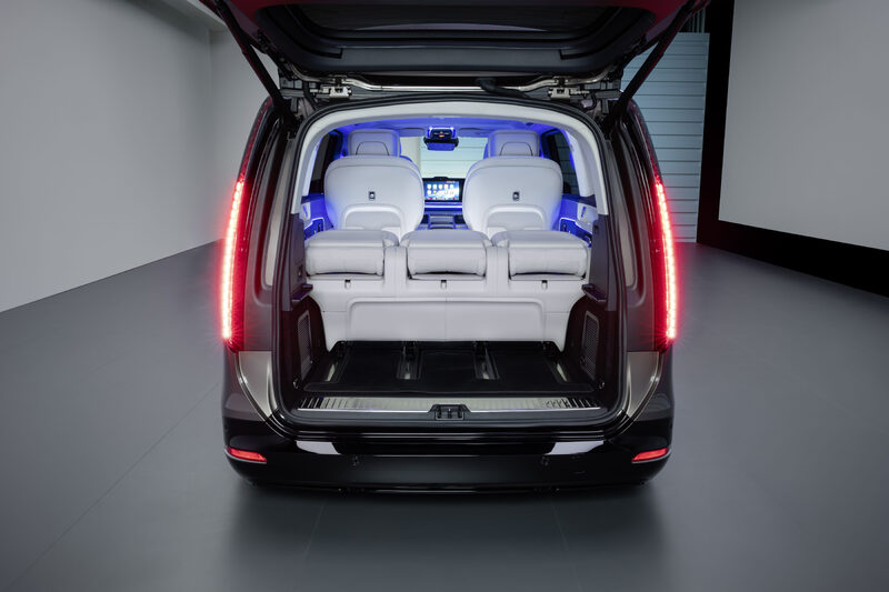 2027 Mercedes-Benz VLE MPV cargo area with third-row seats up and vertical LED taillights