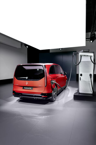 2027 Mercedes-Benz VLE MPV Rear View at Charging Station in Red