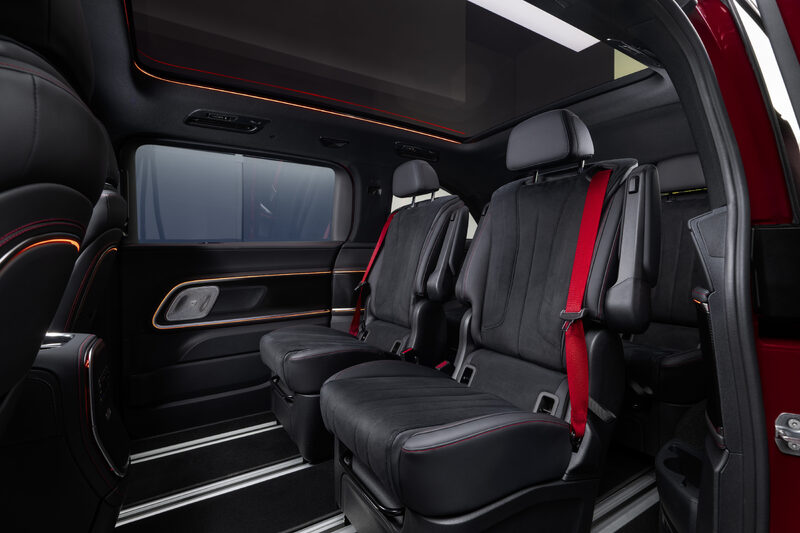 2027 Mercedes-Benz VLE MPV Third-Row Seats in Black with Red Seatbelts and Orange Ambient Lighting