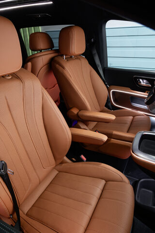 2027 Mercedes-Benz VLE MPV Second-Row Captain's Chairs Close-Up in Cognac Leather