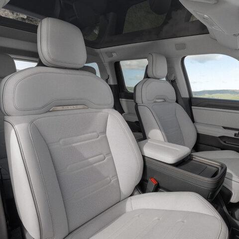 2027 Rivian R2 Light Gray Interior Front Seats and Panoramic Roof