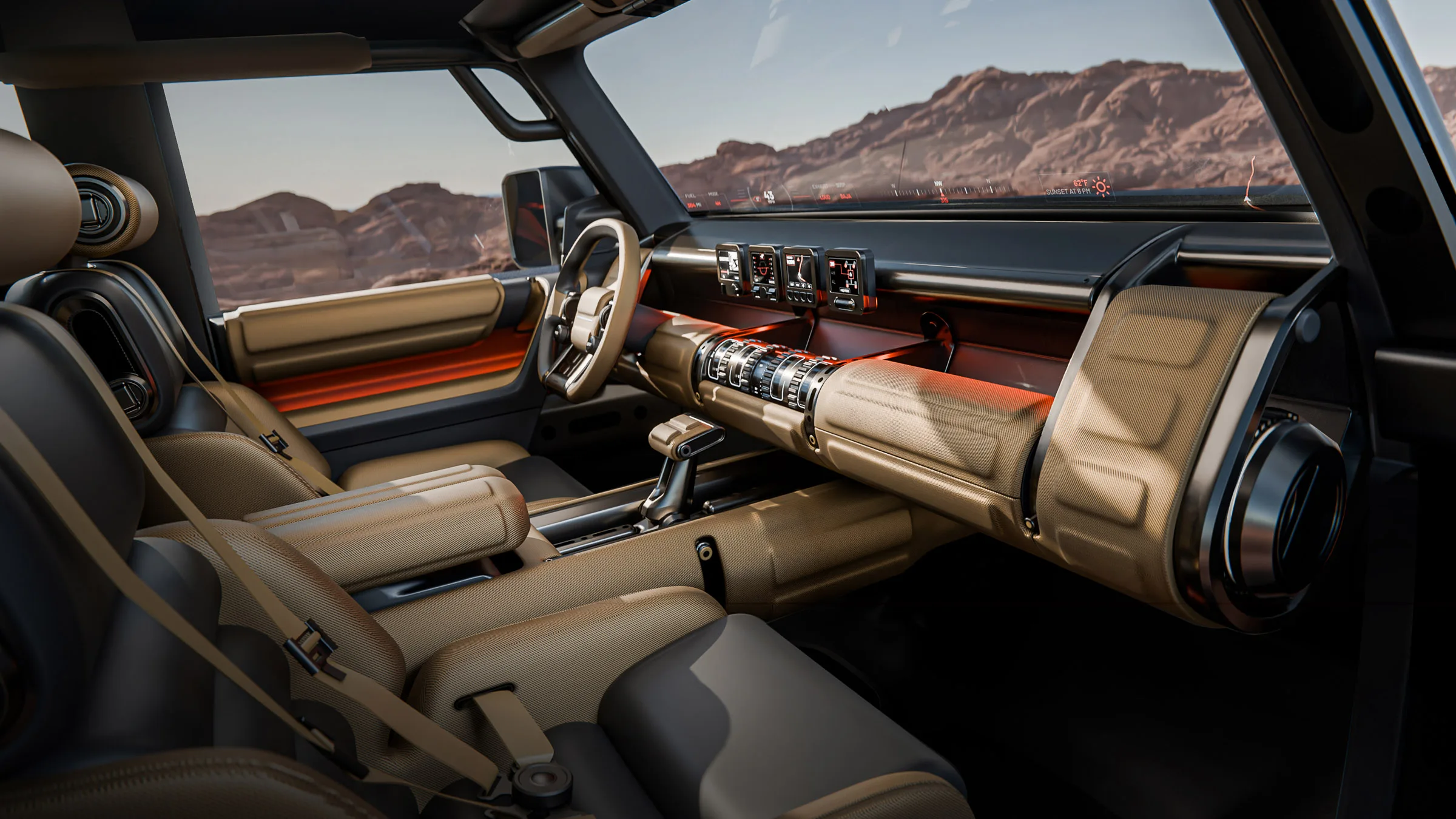 2027 Hyundai Boulder Concept interior showing physical controls and tan and orange cabin