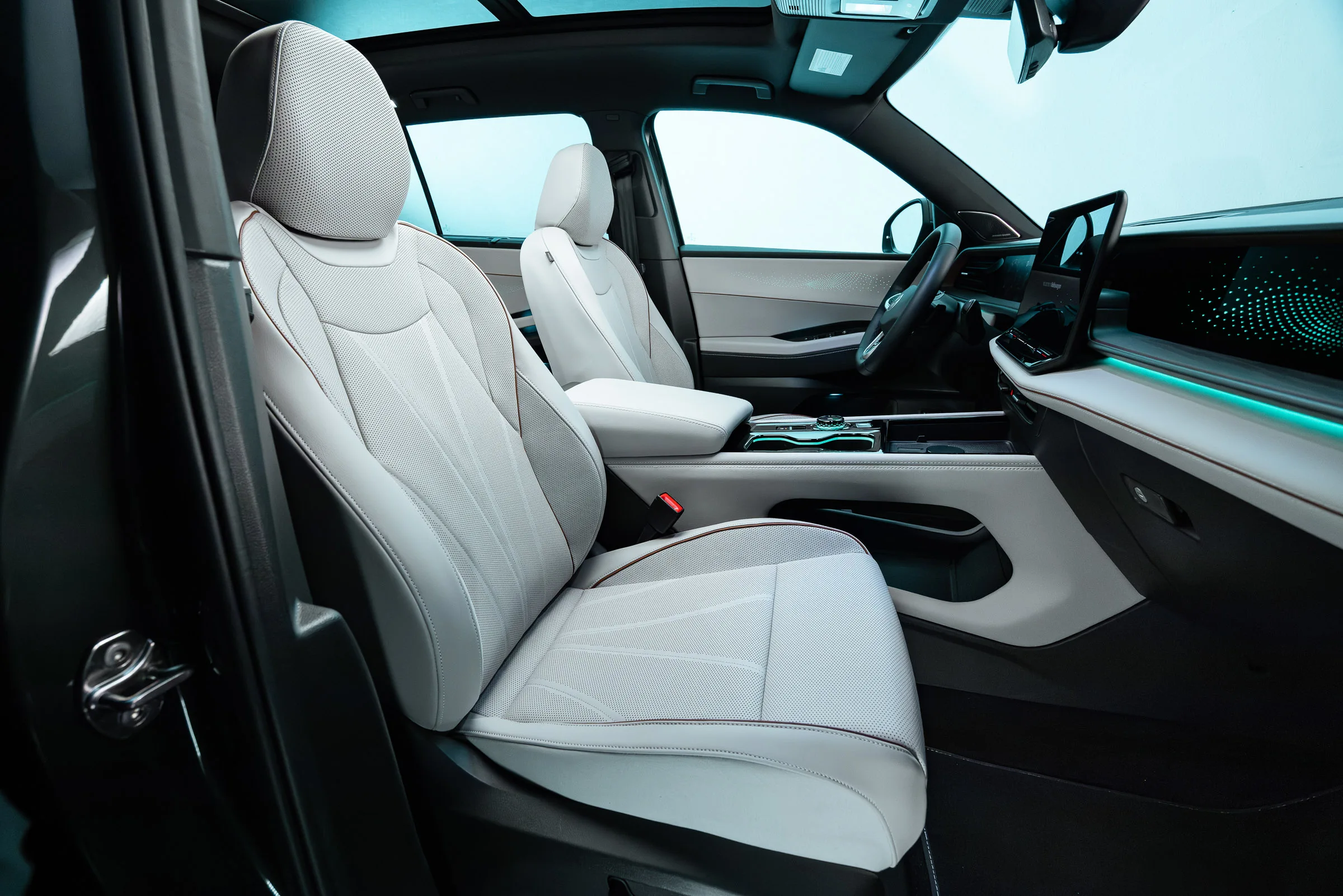 2027 Volkswagen Atlas front seat interior with light upholstery