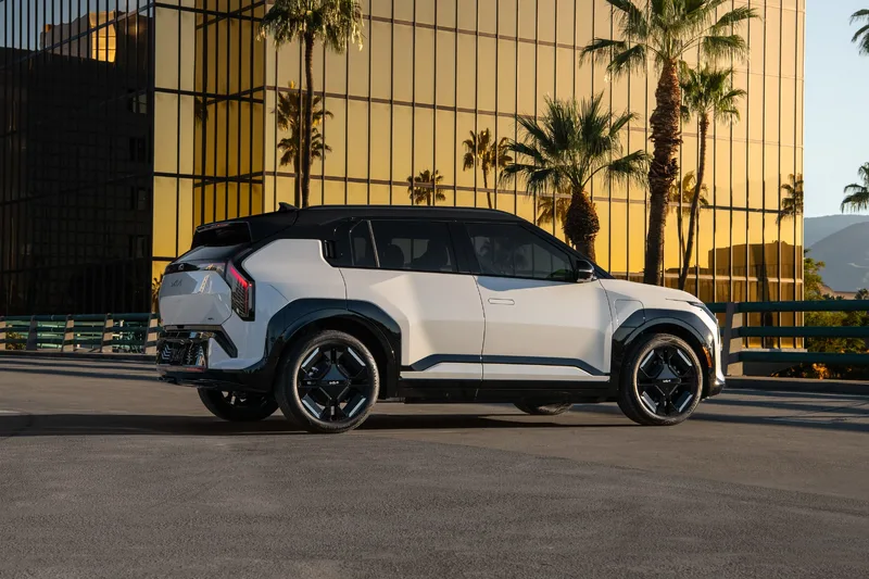 2027 Kia EV3 Rear Three-Quarter View, White Exterior
